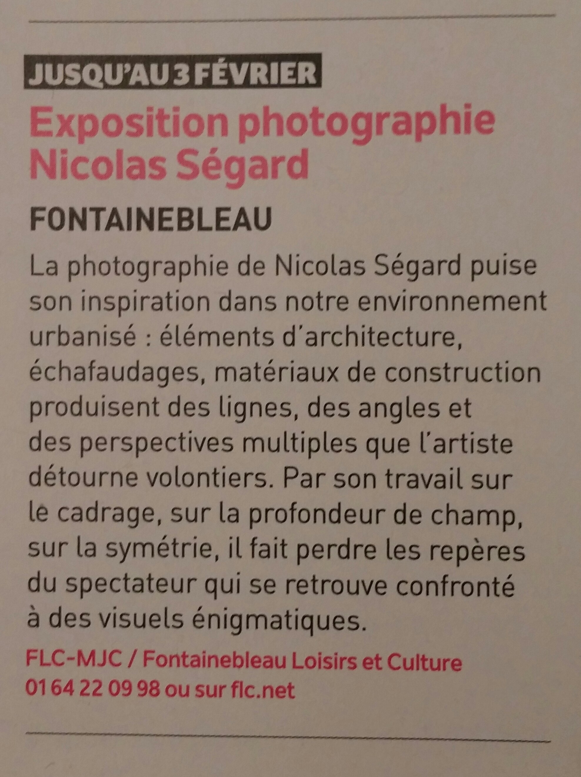 Photographies fine art de Nicolas Ségard Article dans Seine et Marne magazine n° 110 de Janvier-février 2017 Exposition FLC Fontainebleau